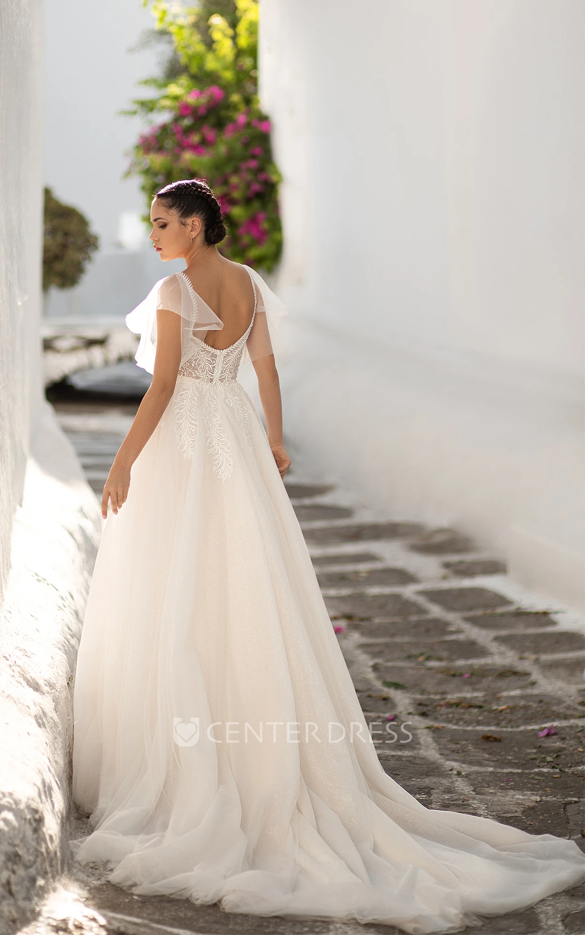 Sexy Sleeveless Lace Tulle Plunging Neckline With Cathedral Train A-line  Wedding Dress