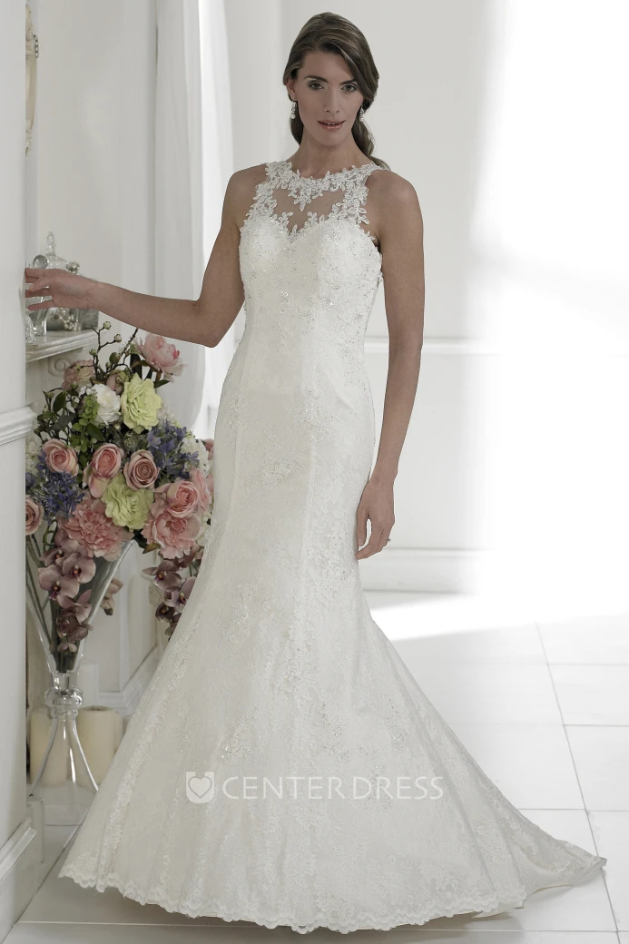 Mermaid Appliqued Maxi Sleeveless Scoop Lace Wedding Dress With Illusion Back And Watteau Train