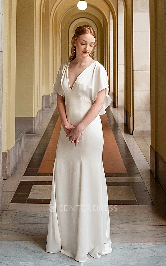 Simple White Casual Sheath Plunging Neckline Wedding Dress with Bat Sleeve Long Train