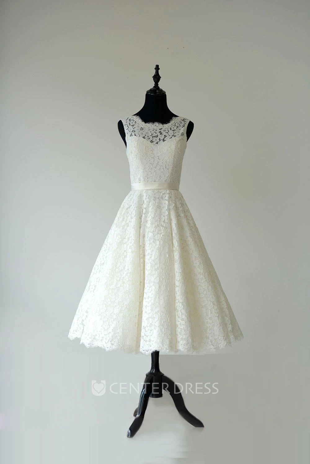 Sleeveless Sheer Neckline Tea Length Garden Bridal Dress With Waistband