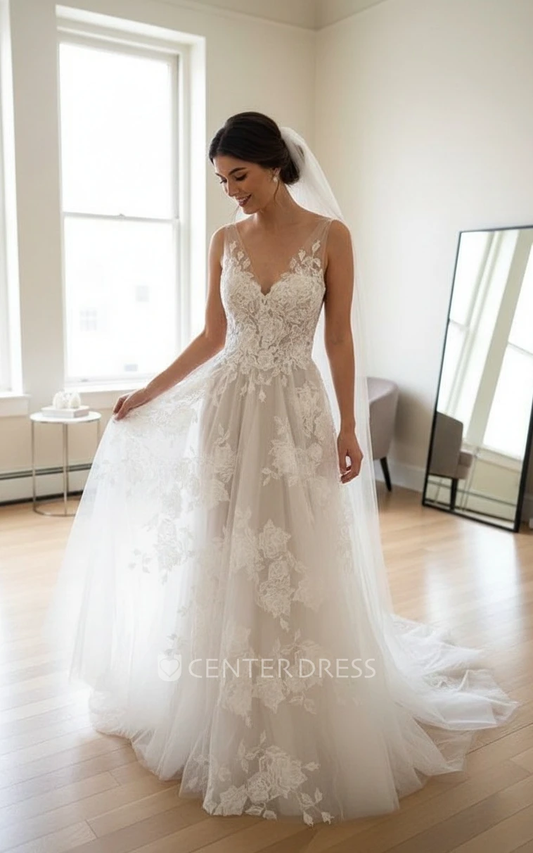 Romantic V-neck Sleeveless Ethereal Illusion Straps Floor-length Lace Petals Mesh Spring Wedding Dress