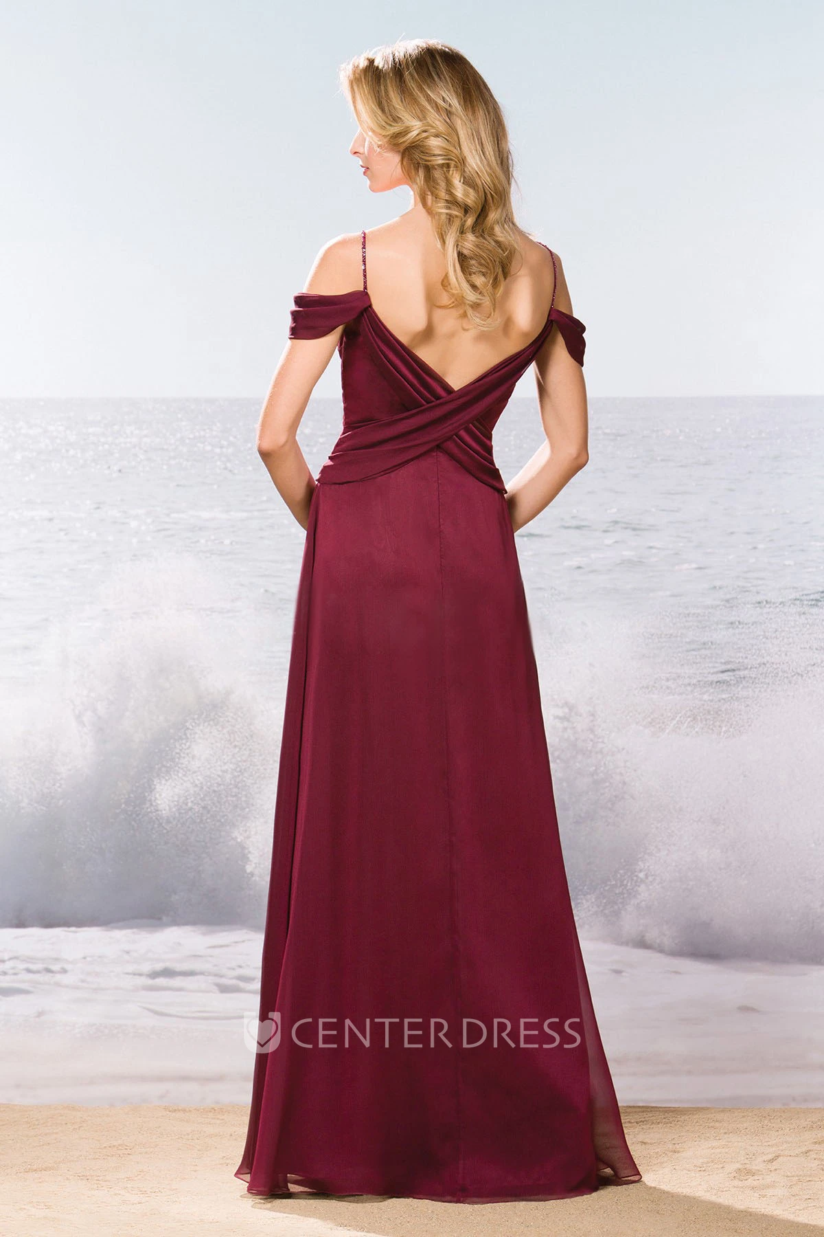 V-Neck A-Line Long Bridesmaid Dress With Crisscross Ruching And Spaghetti Straps