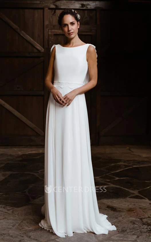Bohemian Satin A-Line Wedding Dress with Lace Back and Bateau Neck