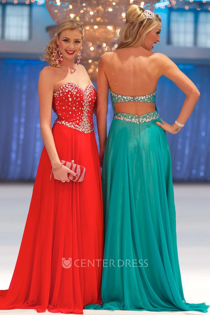 A-Line Sweetheart Sleeveless Beaded Maxi Chiffon Prom Dress With Pleats