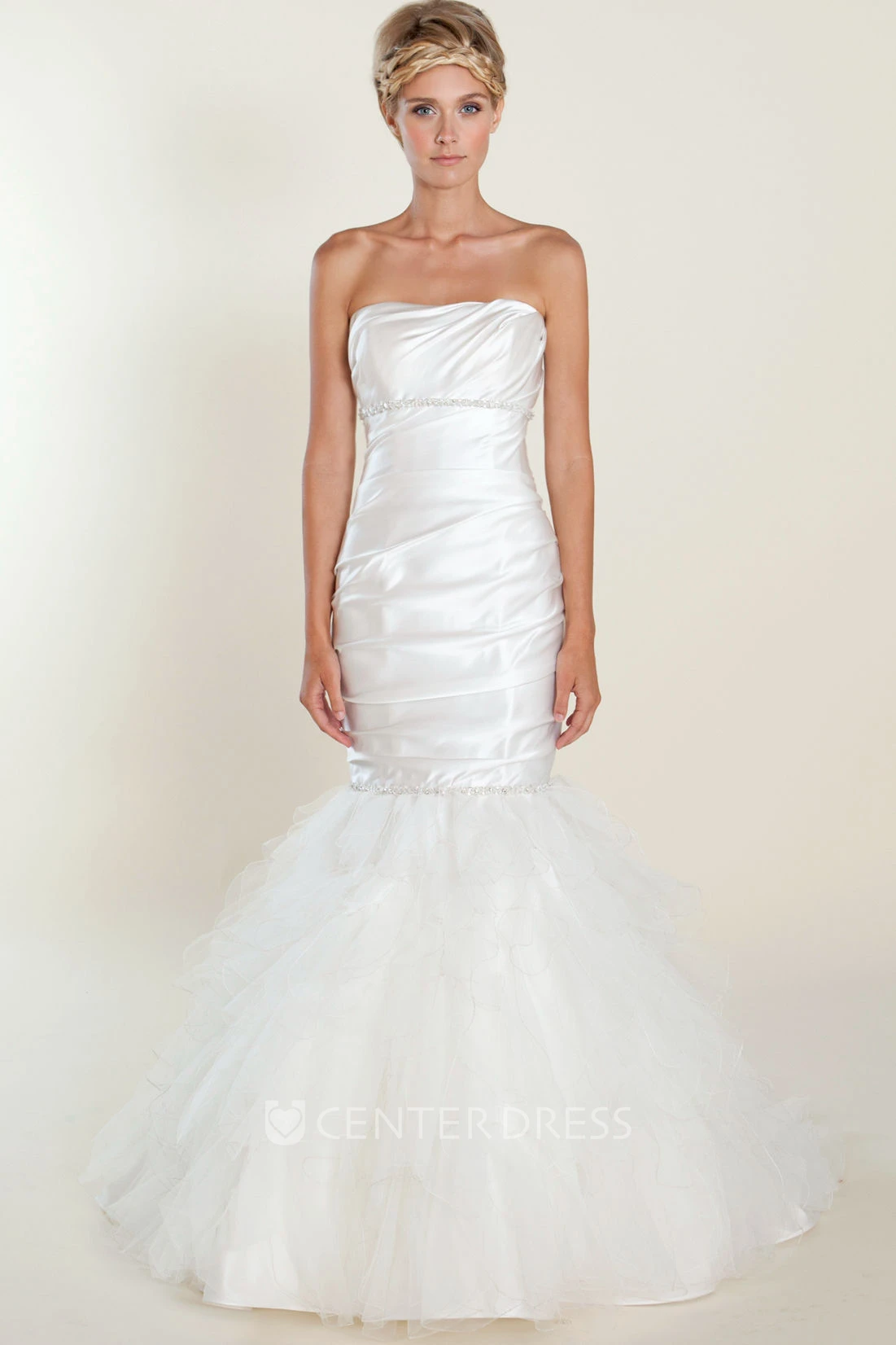 Trumpet Sleeveless Ruched Long Strapless Satin Spring Wedding Dress With Beading And Ruffles