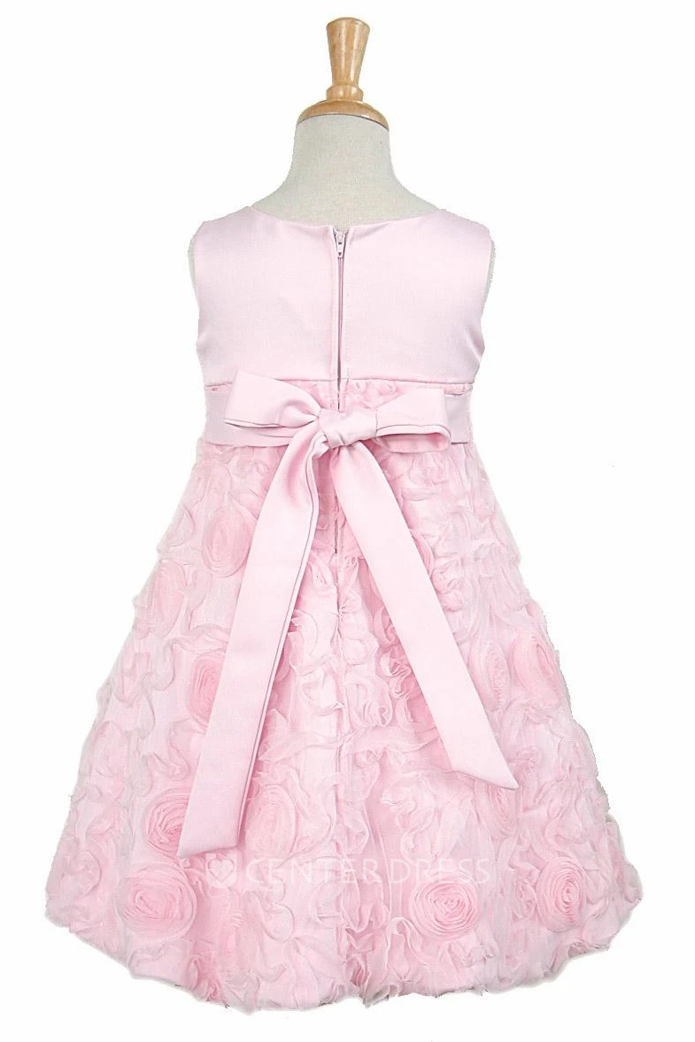 Tea-Length Sleeveless Bowed Satin Flower Girl Dress