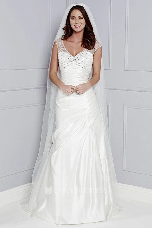 A-Line Cap-Sleeve Floor-Length Beaded V-Neck Taffeta Wedding Dress With Ruching And Side Draping