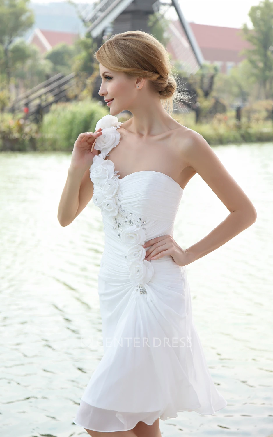 Asymmetrical Chiffon One-Shoulder Knee Length Wedding Dress With Floral Strap