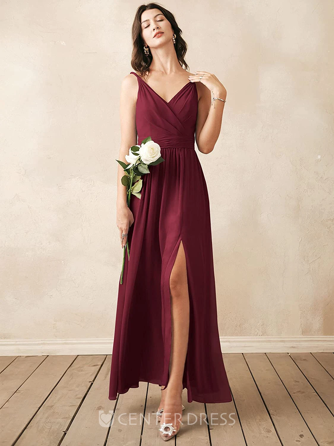 Sexy Chiffon Ankle-length V-neck A Line Sleeveless Bridesmaid Dress With Ruching