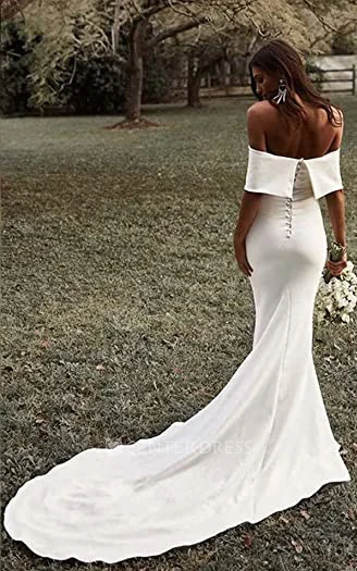 Satin Mermaid Wedding Dress with Off-the-shoulder Neckline and Short Sleeves Sexy Off-shoulder Satin Wedding Dress