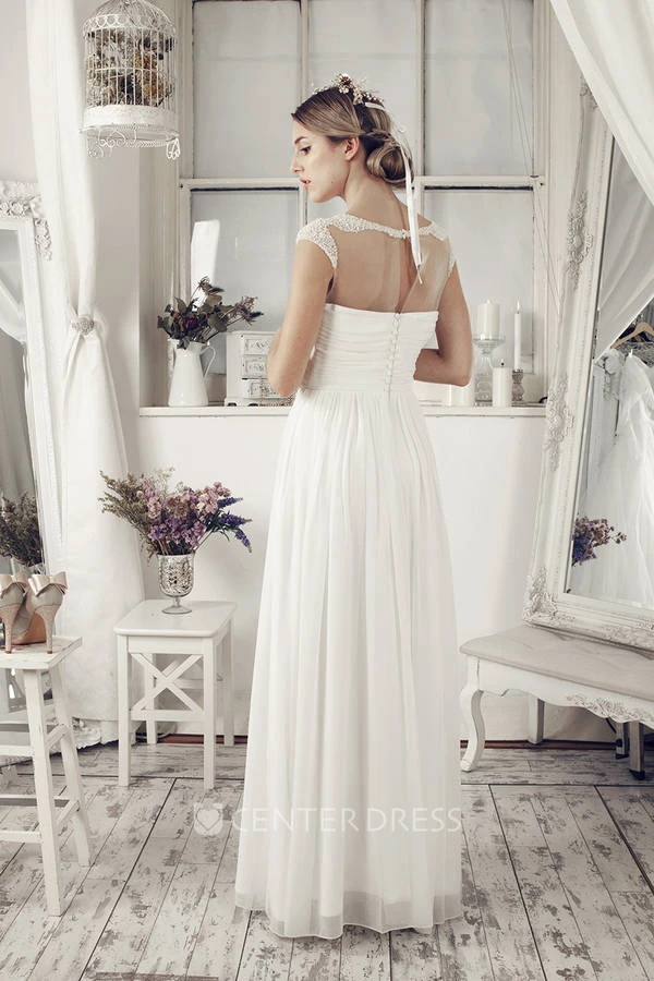 Sheath Floor-Length Cap-Sleeve Scoop-Neck Chiffon Wedding Dress With Beading And Illusion
