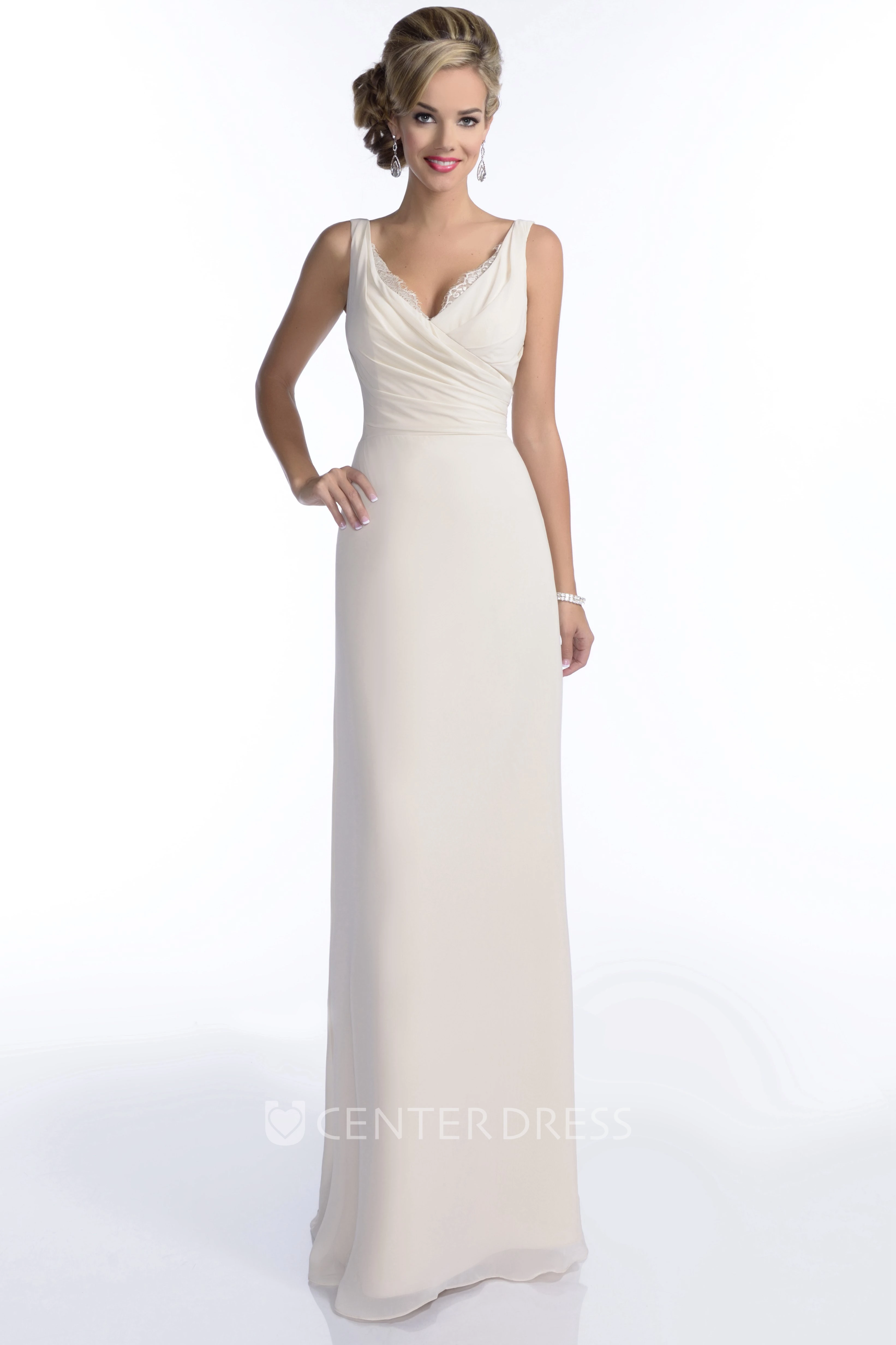 Crisscross V-Neck Sleeveless A-Line Chiffon Bridesmaid Dress Featuring Lace Trim