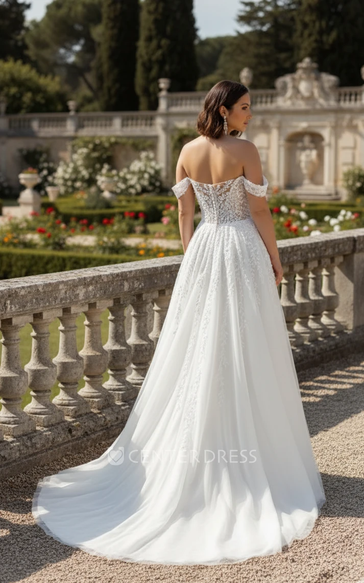 Romantic A-Line Off Shoulder Floral Lace Wedding Dress Elegent Sweetheart Tulle Bridal Gown