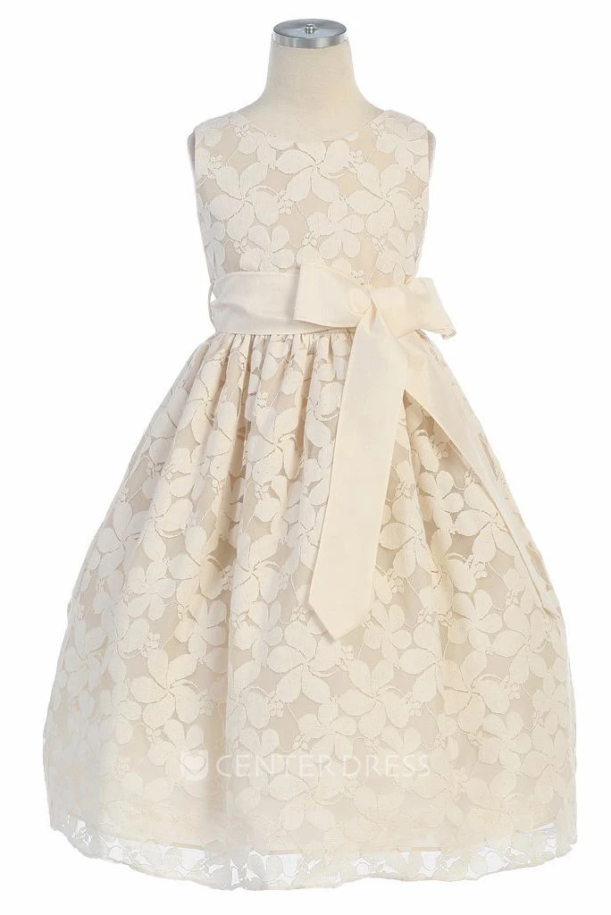 Floral Tea-Length Floral Lace Flower Girl Dress With Embroidery