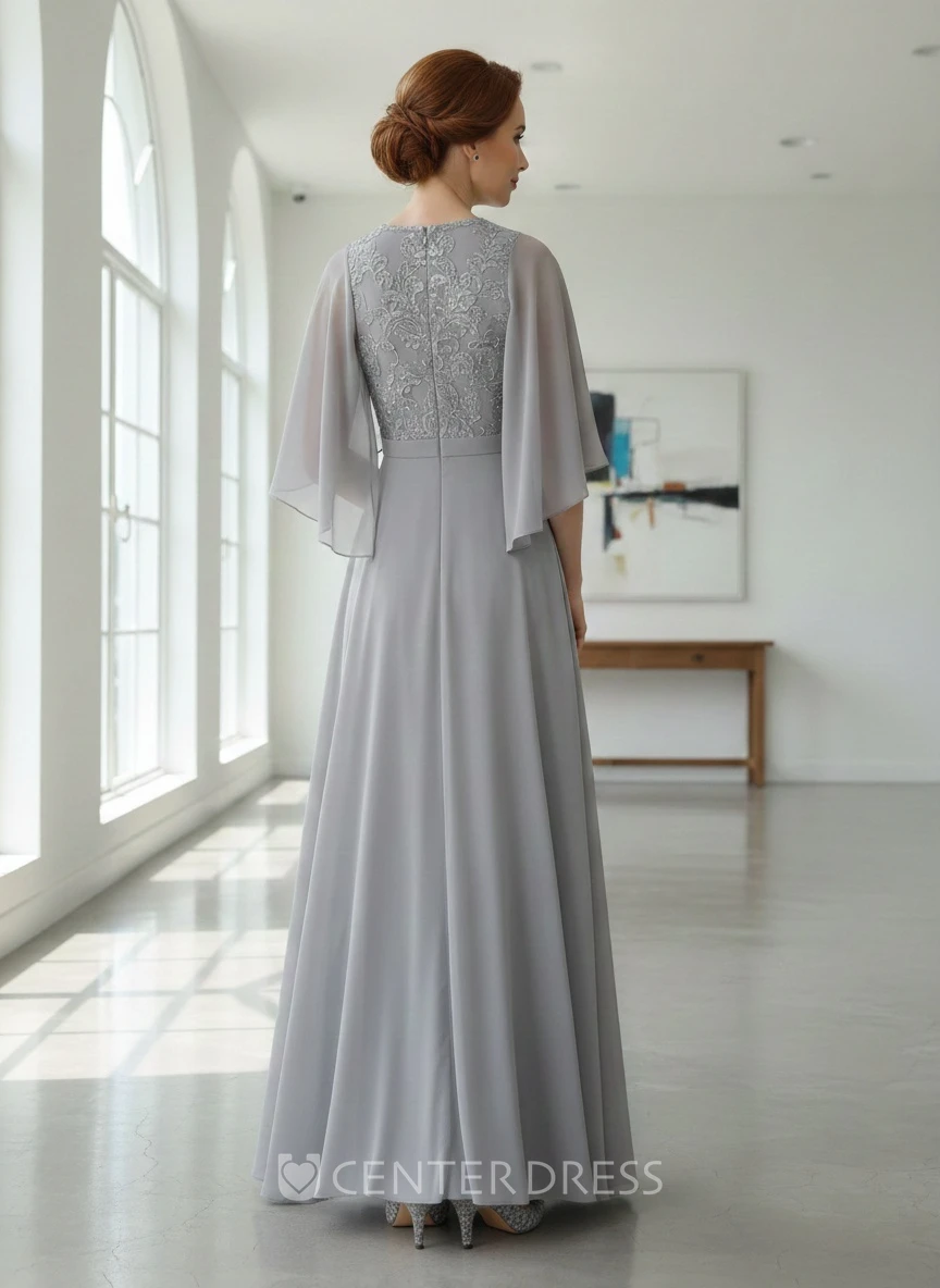 Floor-length A-Line V-neck Appliques Lace Elegant Bat Sleeve Mob Mother of the Bride Dress