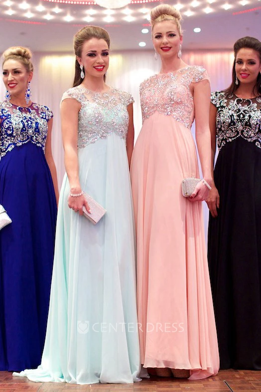 A-Line Cap-Sleeve Floor-Length Jewel-Neck Empire Beaded Chiffon Prom Dress