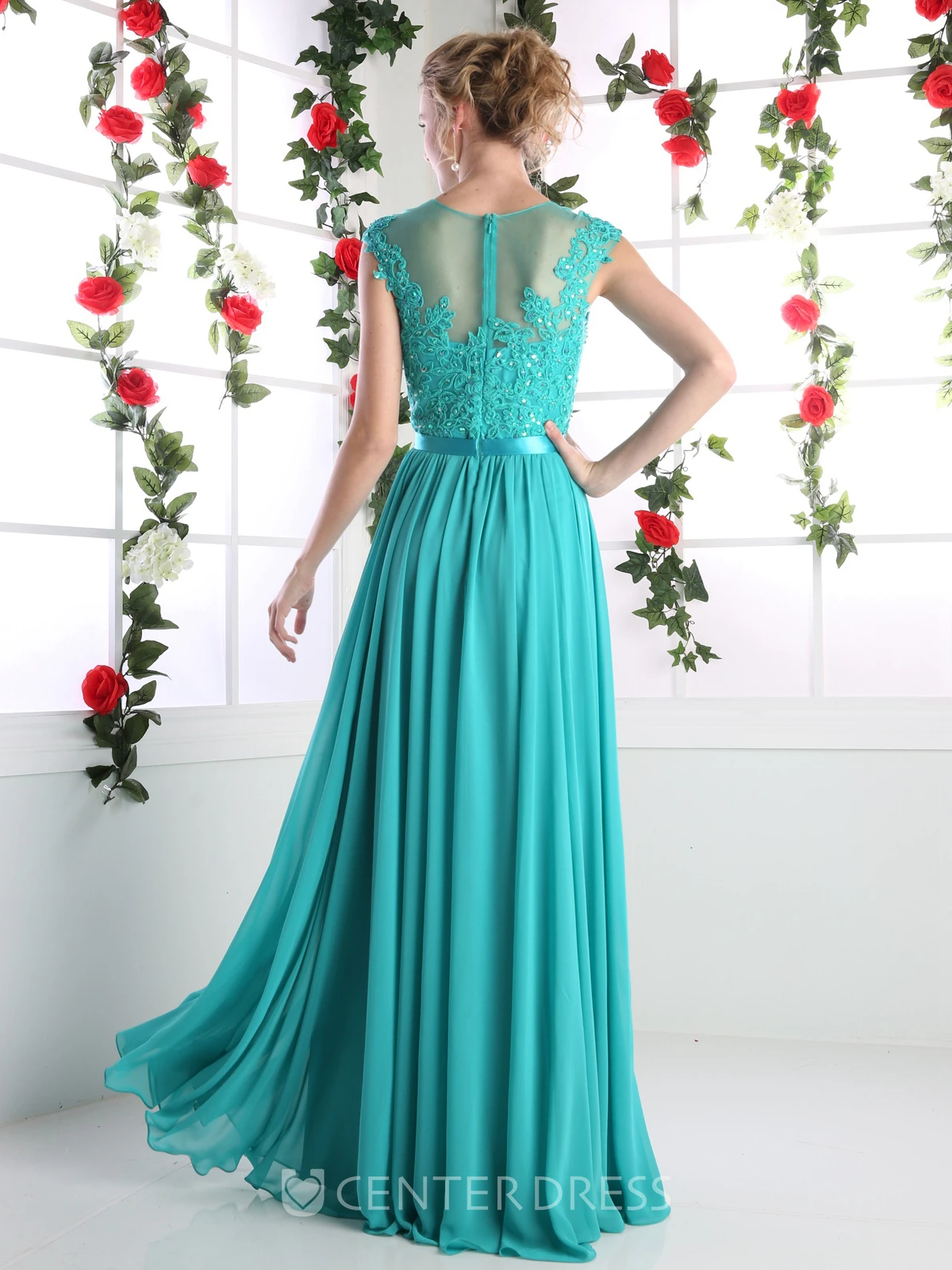 A-Line Jewel-Neck Cap-Sleeve Chiffon Illusion Dress With Lace And Pleats