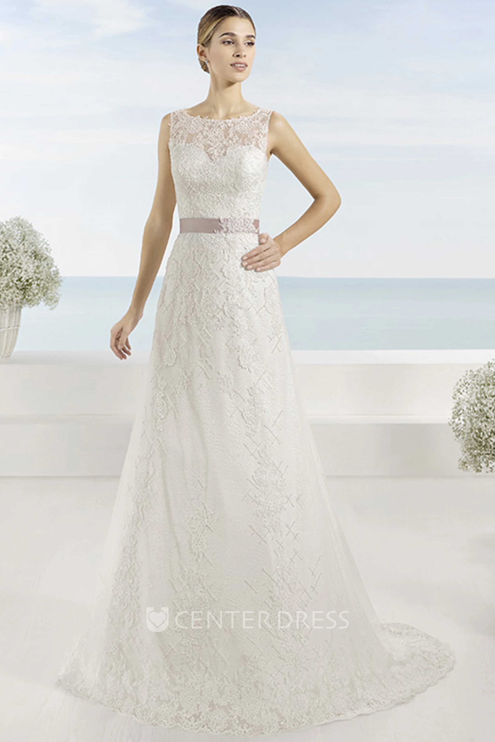 A-Line Sleeveless Appliqued Bateau Floor-Length Lace Wedding Dress With Bow And Illusion Back