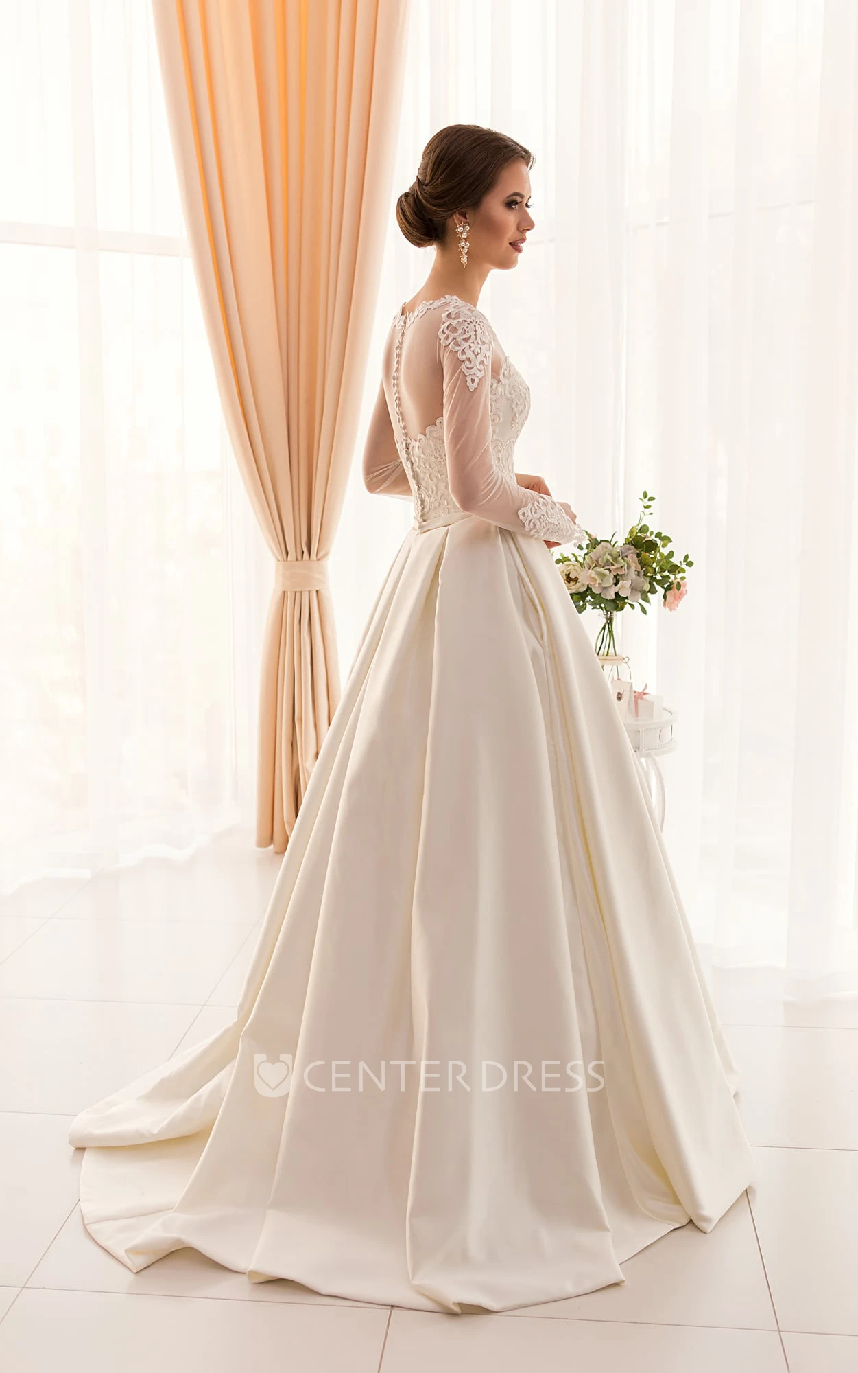 A-Line Long Jewel Long-Sleeve Illusion Satin Dress With Appliques