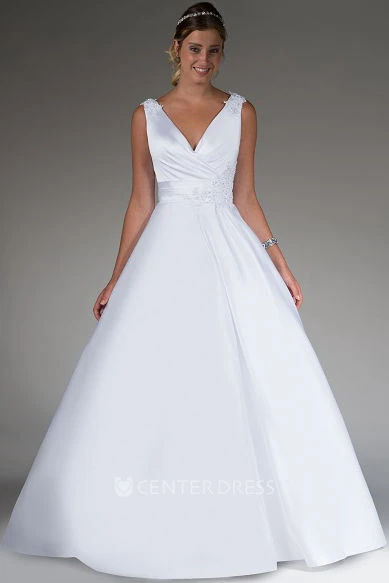 V Neck Satin Bridal Ball Gown With Appliqued Straps And Waist