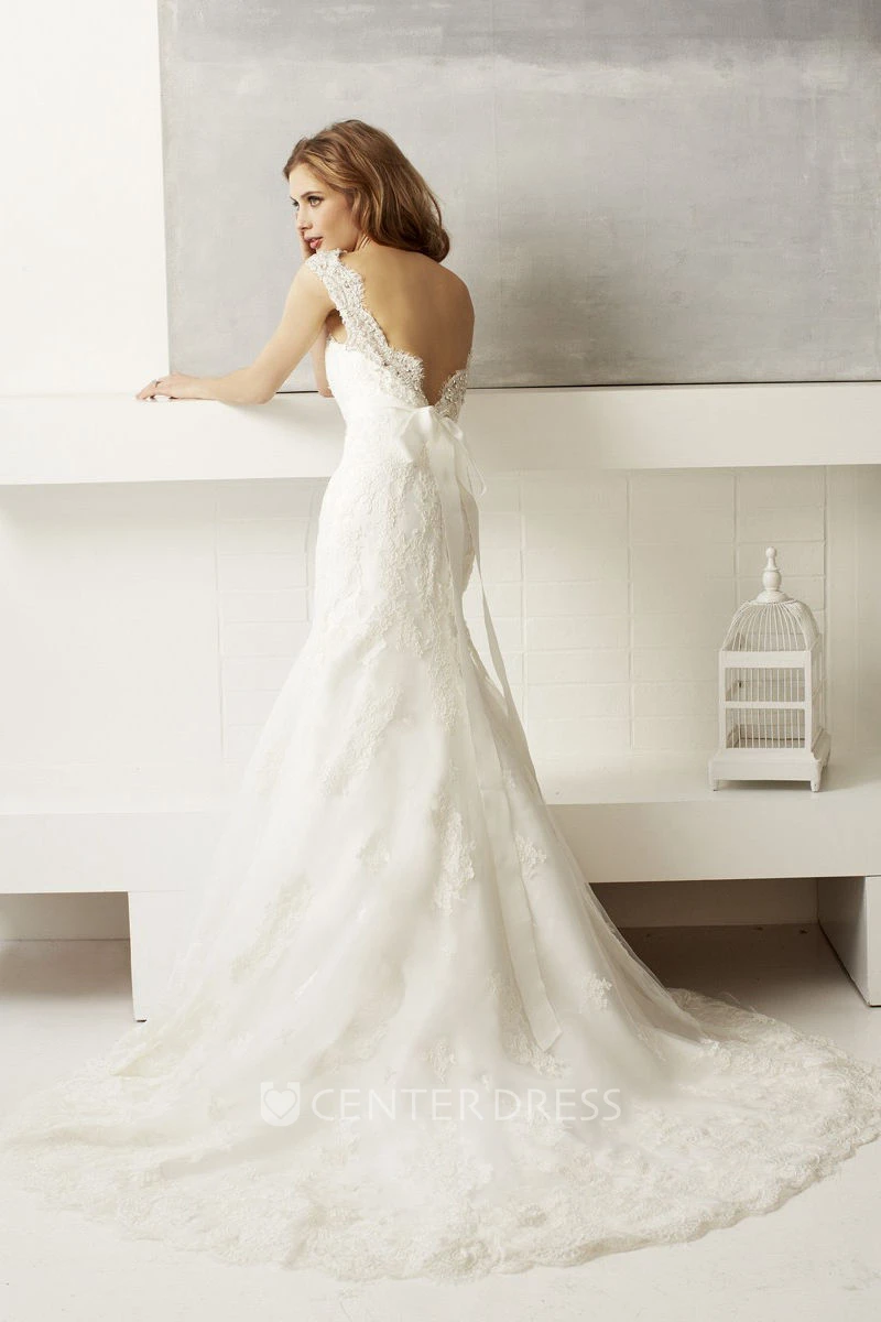 V-Neck Floor-Length Appliqued Jeweled Lace Wedding Dress With Court Train And V Back