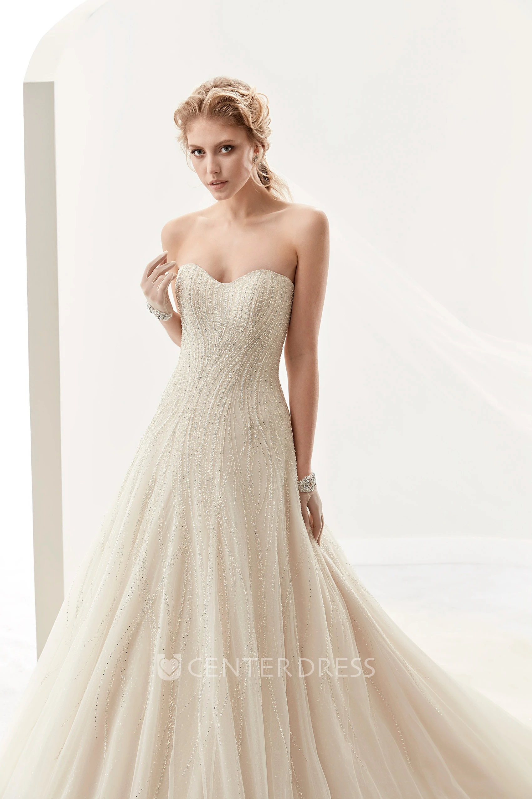 Strapless A-Line Lace Bridal Gown With Sequins And Brush Train