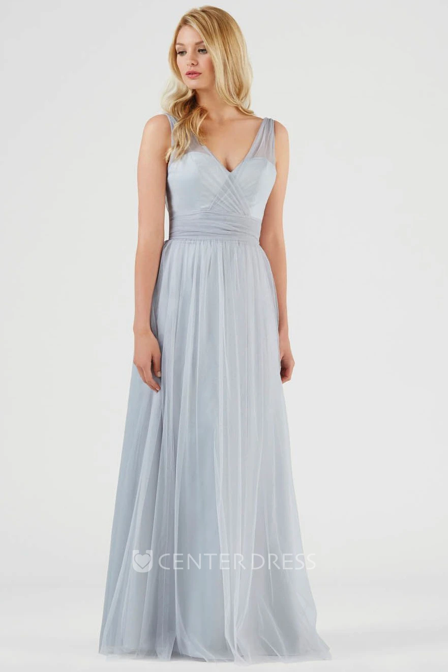 Sleeveless V-Neck Bowed Tulle Bridesmaid Dress With Ruching