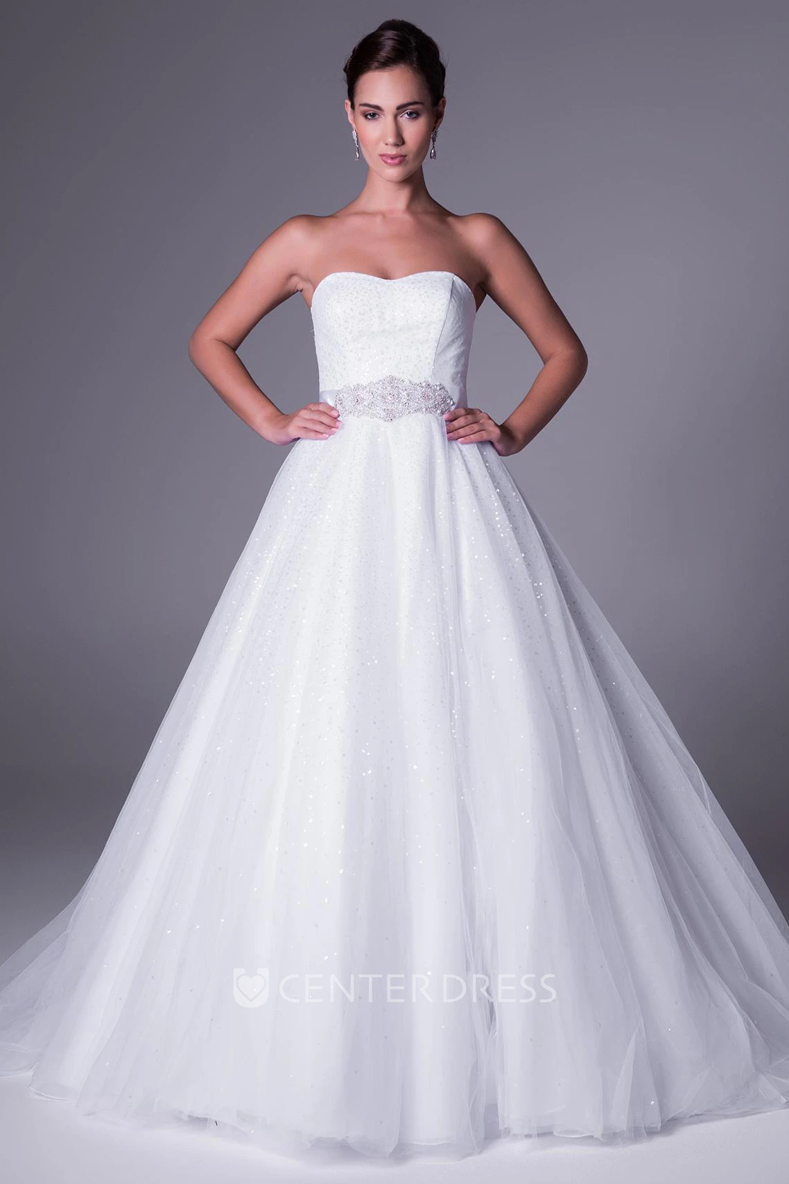 Ball Gown Strapless Sleeveless Beaded Floor-Length Tulle Wedding Dress With Waist Jewellery