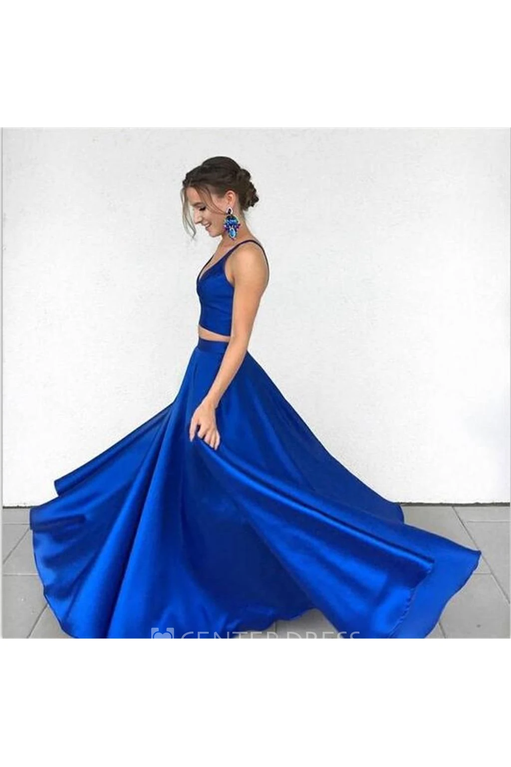 Sleeveless Floor-length A-Line Two Piece V-neck Satin Dress