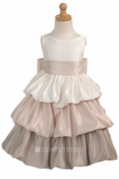 Tea-Length Sleeveless Tiered Satin Flower Girl Dress