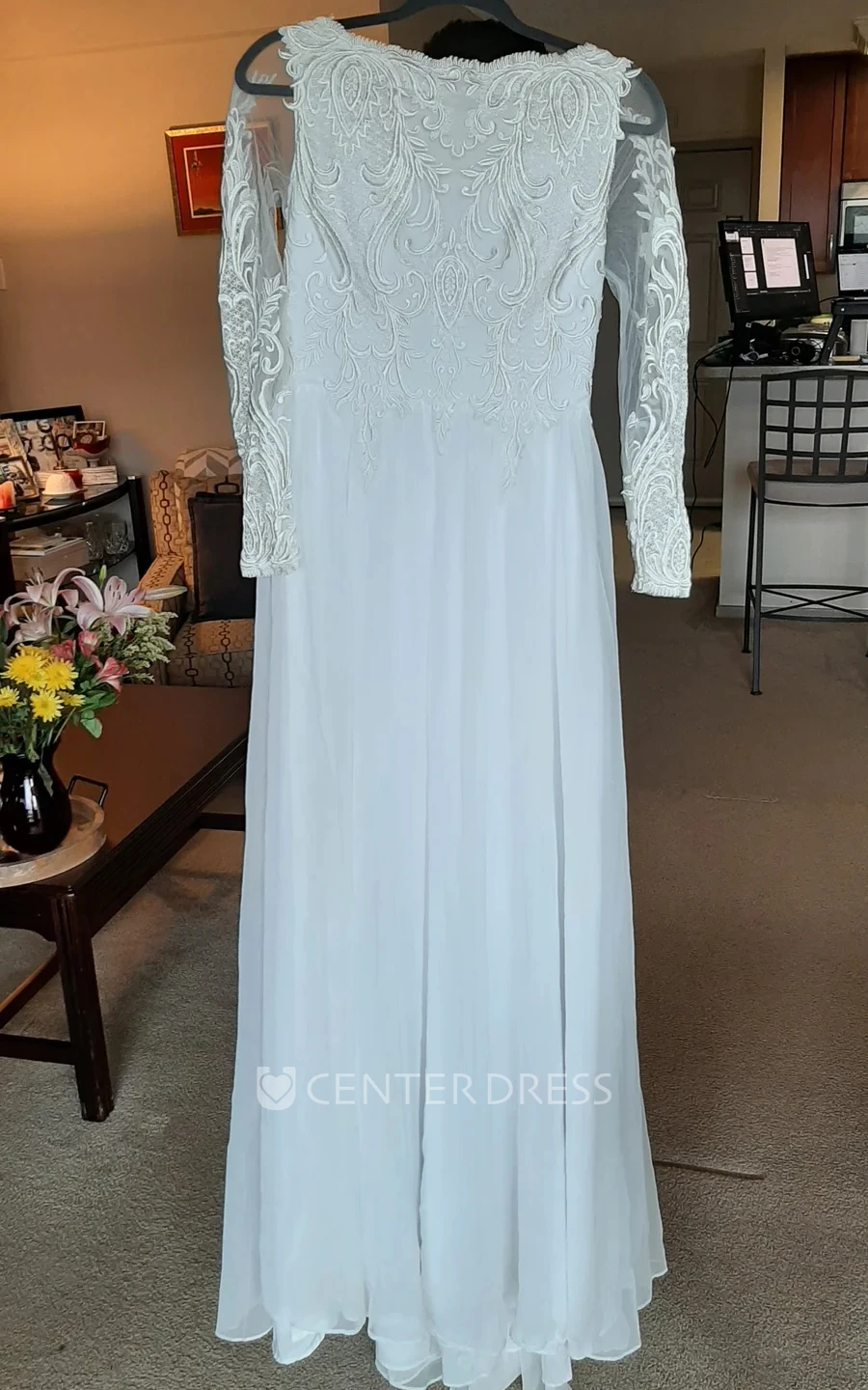 Vintage 1920s Long Sleeve Spring Wedding Dress Chiffon Sheath Floor-length with Lace Deep-V Back