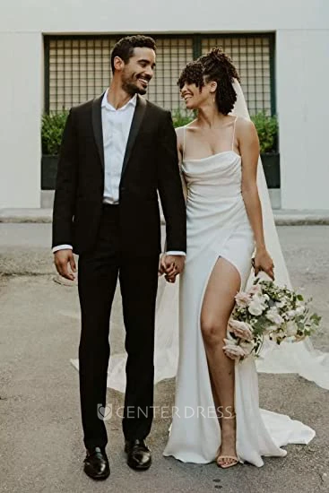 Sexy Beach Satin Spaghetti Sheath Wedding Dress with Long Sleeves and Split Front Modern