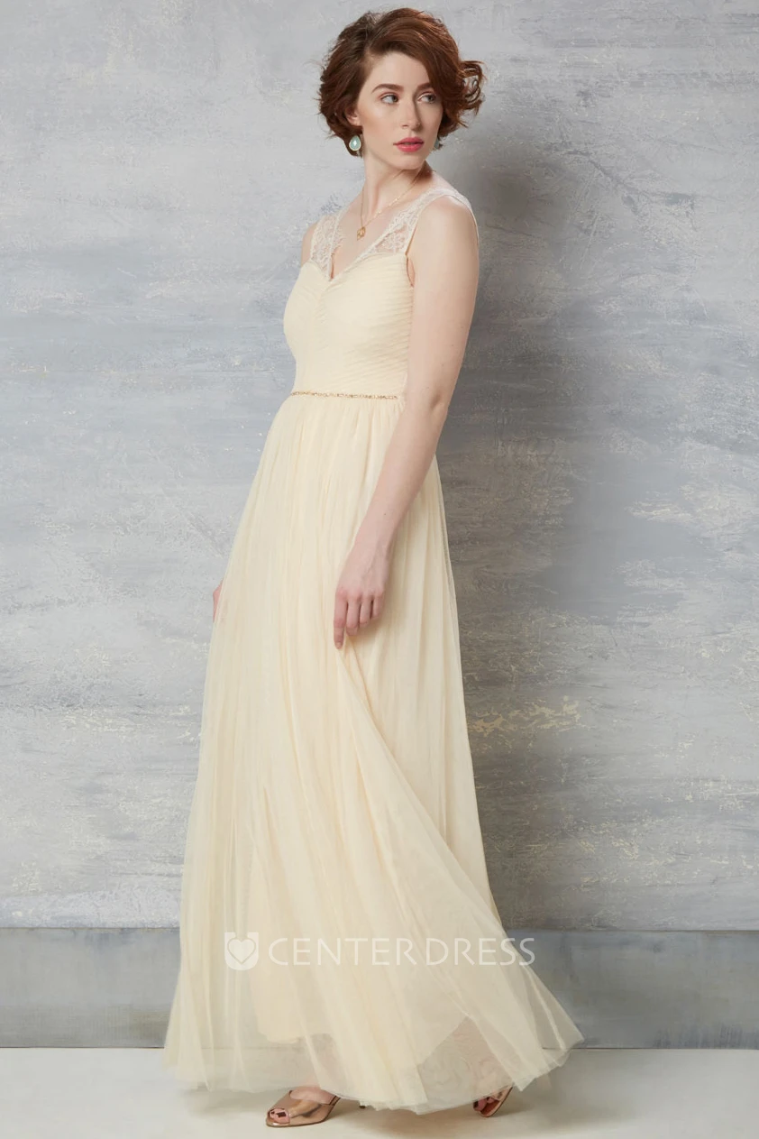 V-Neck Sleeveless Floor-Length Ruched Chiffon Wedding Dress With Lace And Pleats