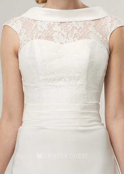 A-Line High-Neck Floor-Length Appliqued Cap-Sleeve Satin&Lace Wedding Dress
