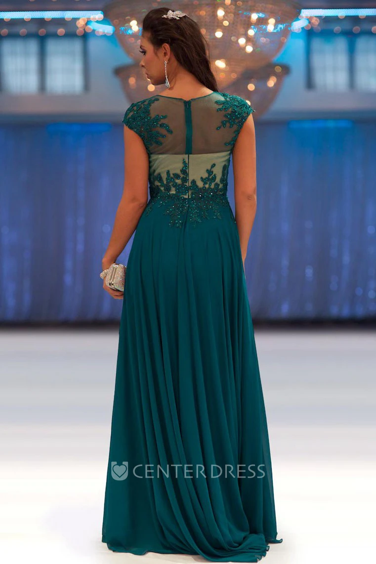 A-Line Beaded Long Cap-Sleeve Jewel-Neck Chiffon Prom Dress With Appliques And Pleats