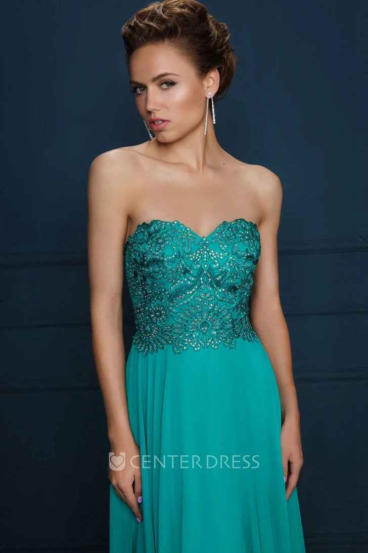 A-Line Beaded Maxi Sweetheart Sleeveless Chiffon Evening Dress With Embroidery