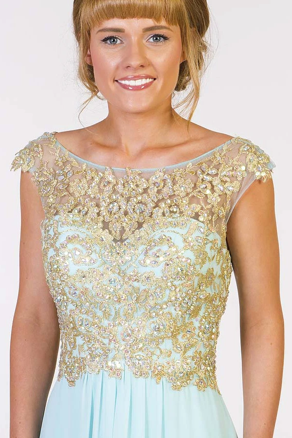 A-Line Beaded Scoop-Neck Cap-Sleeve Floor-Length Chiffon Prom Dress With Pleats