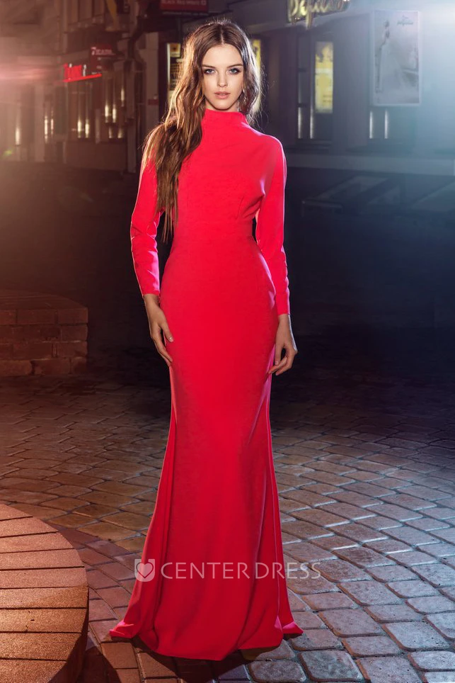 Sheath Floor-Length High Neck Long Sleeve Chiffon Keyhole Dress