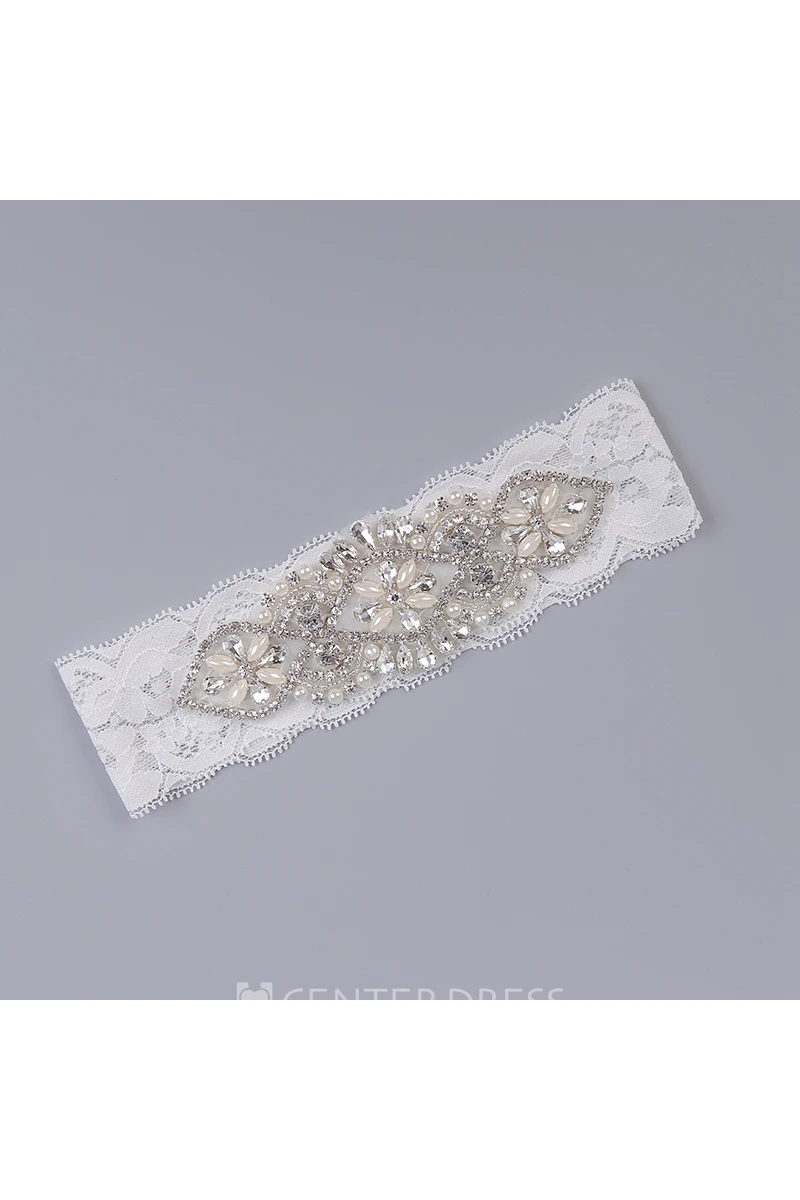 White Sexy Lace Rhinestone Princess Style Handmade Garter Grip Within 16-23inch