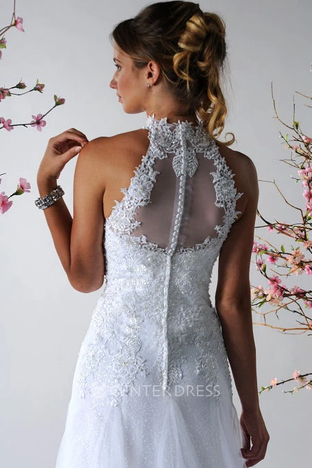 Halter Style Bridal Gown With Appliqued Top And Tulle Skirt