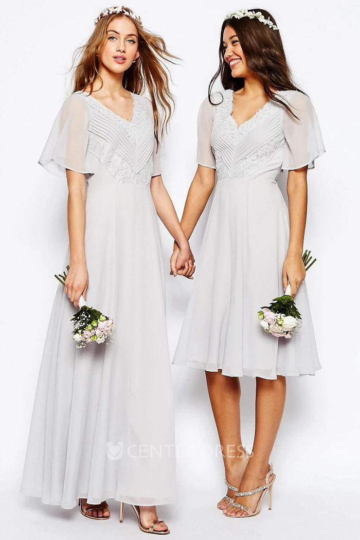 Ankle-Length Ruched V-Neck Poet Sleeve Chiffon Bridesmaid Dress With Appliques