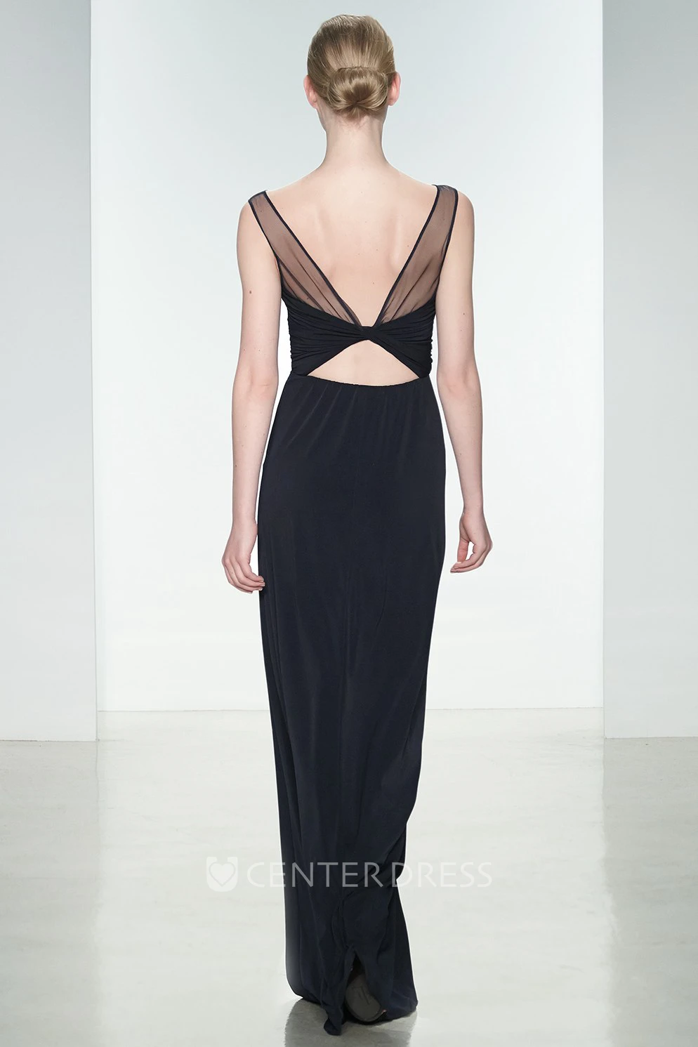Pencil Sleeveless Ruched Long Bateau-Neck Chiffon Bridesmaid Dress