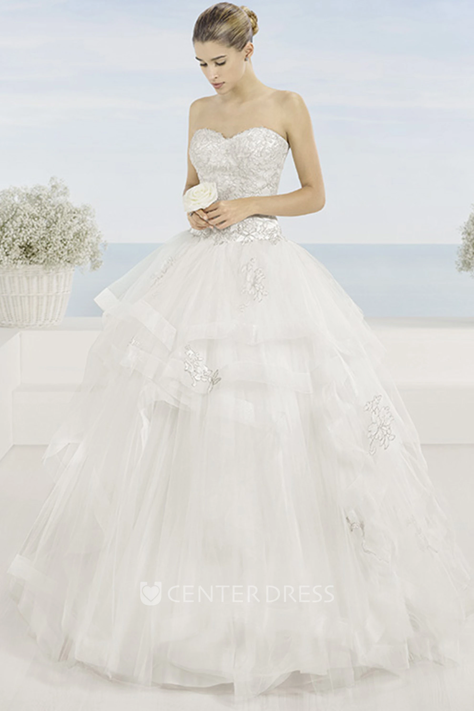 Ball Gown Draped Sweetheart Tulle Wedding Dress With Beading