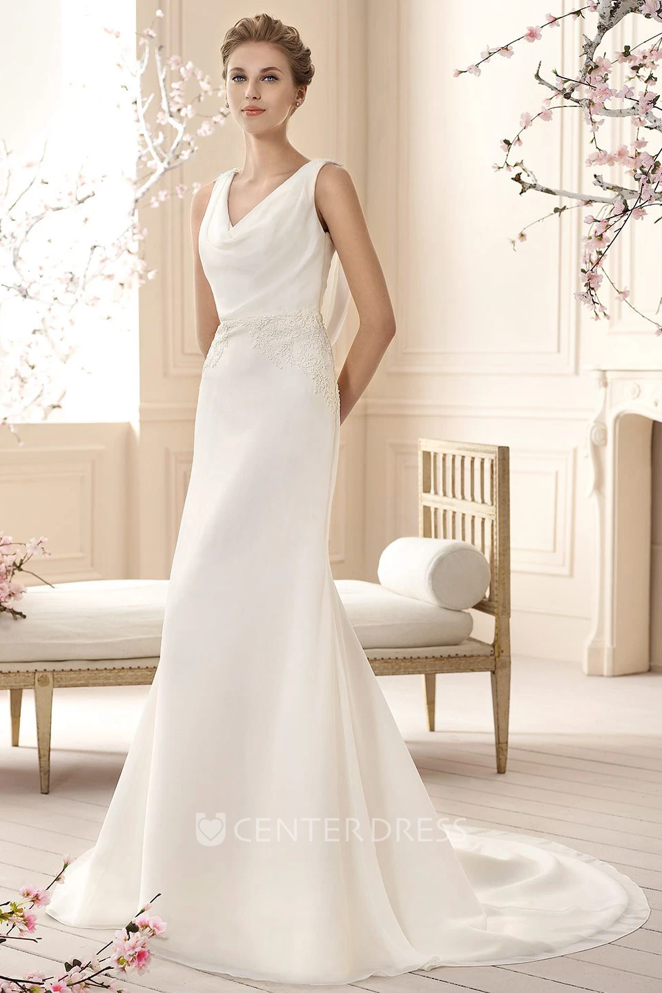 Sheath Cowl-Neck Floor-Length Appliqued Sleeveless Chiffon Wedding Dress