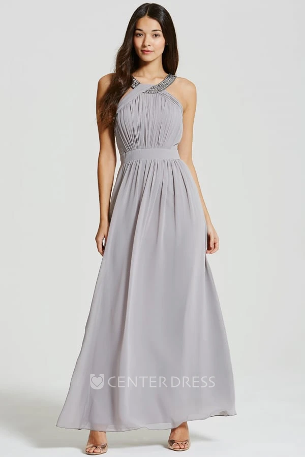 Ankle-Length Sleeveless Ruched Scoop Neck Chiffon Bridesmaid Dress With Straps