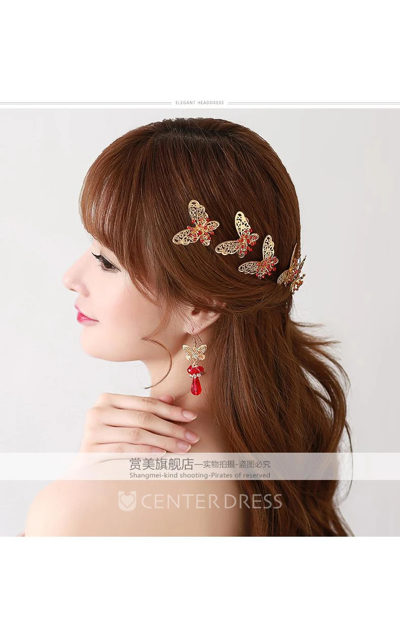 Bride Red Headdress Hair Ornaments Chinese Cheongsam Wedding Accessories Plate Hairpin U-Shaped Clip
