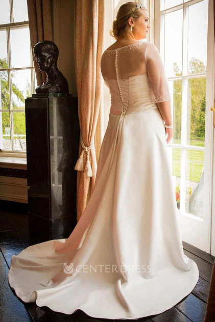 Jewel Neck A-Line Taffeta Bridal Gown With Tulle Half-Sleeve Top
