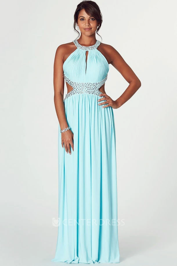 Maxi Sleeveless Scoop Neck Ruched Chiffon Prom Dress