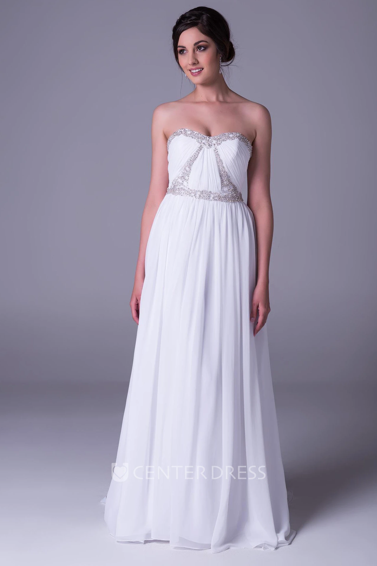 Sheath Ruched Sleeveless Floor-Length Strapless Chiffon Wedding Dress With Beading