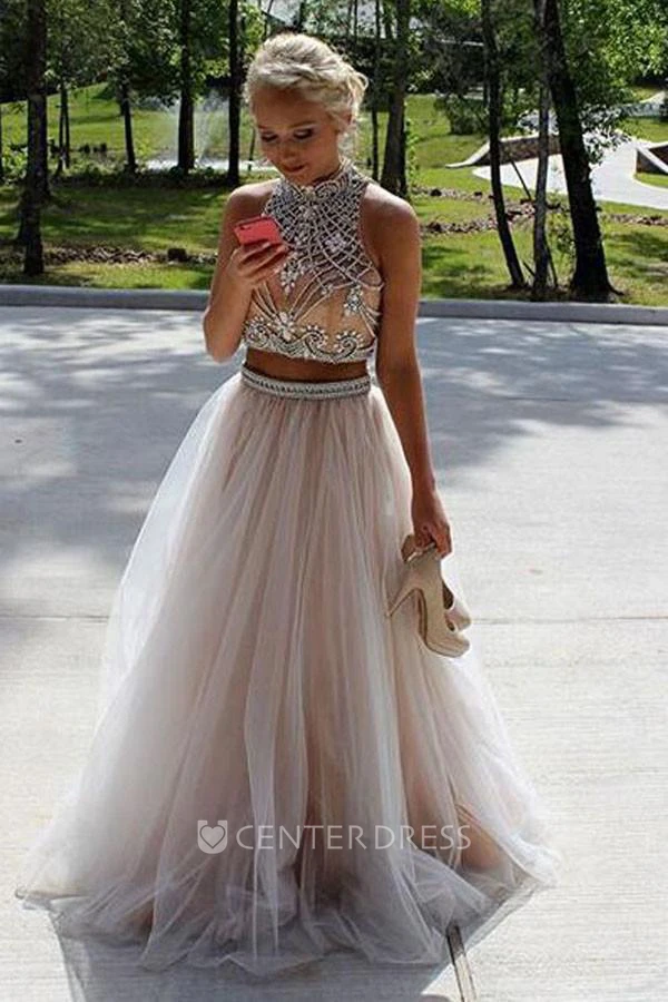 Sleeveless Floor-length A-Line High Neck Tulle Dress